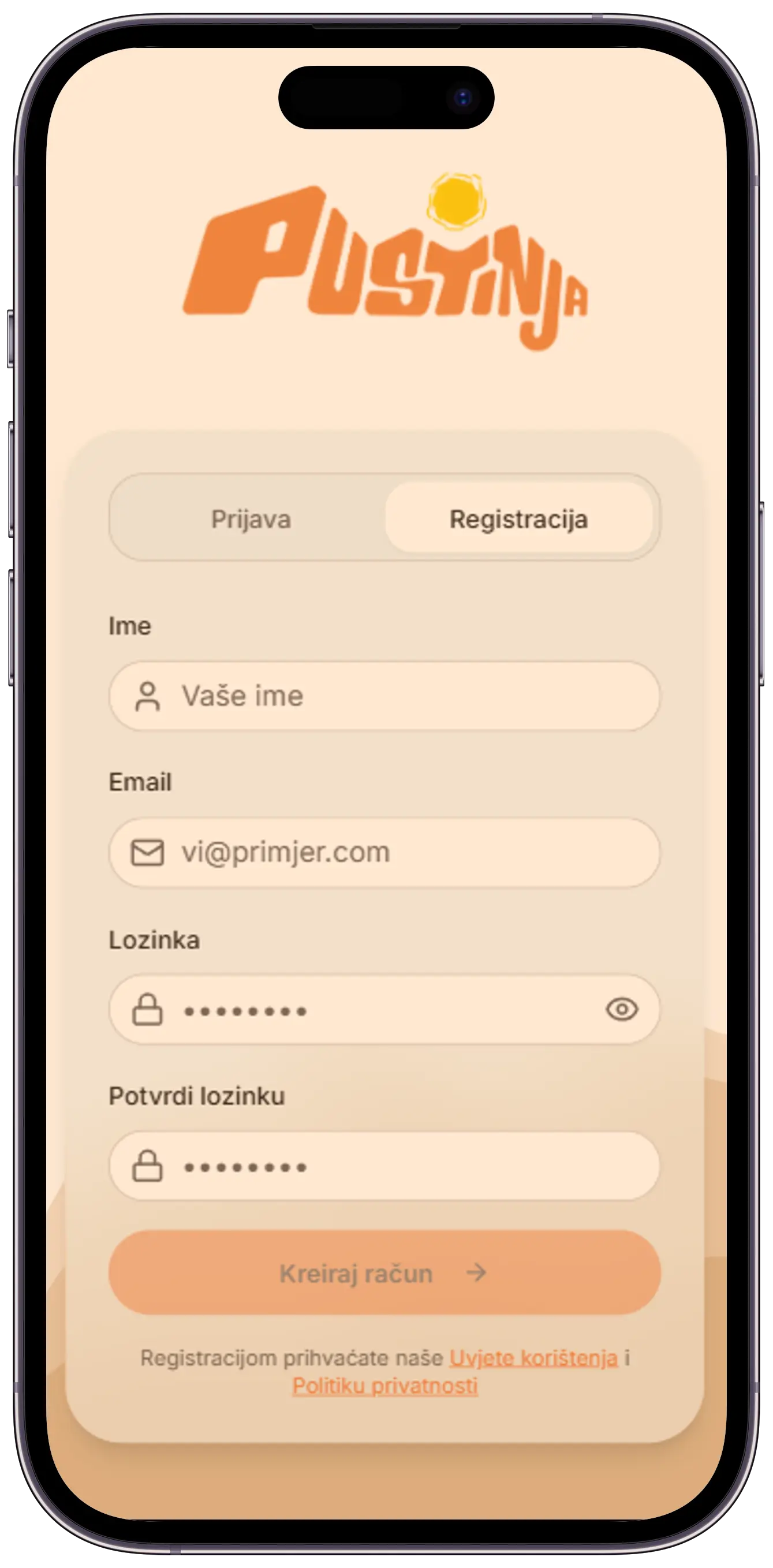 Pustinja aplikacija – registracija i pristup klubu